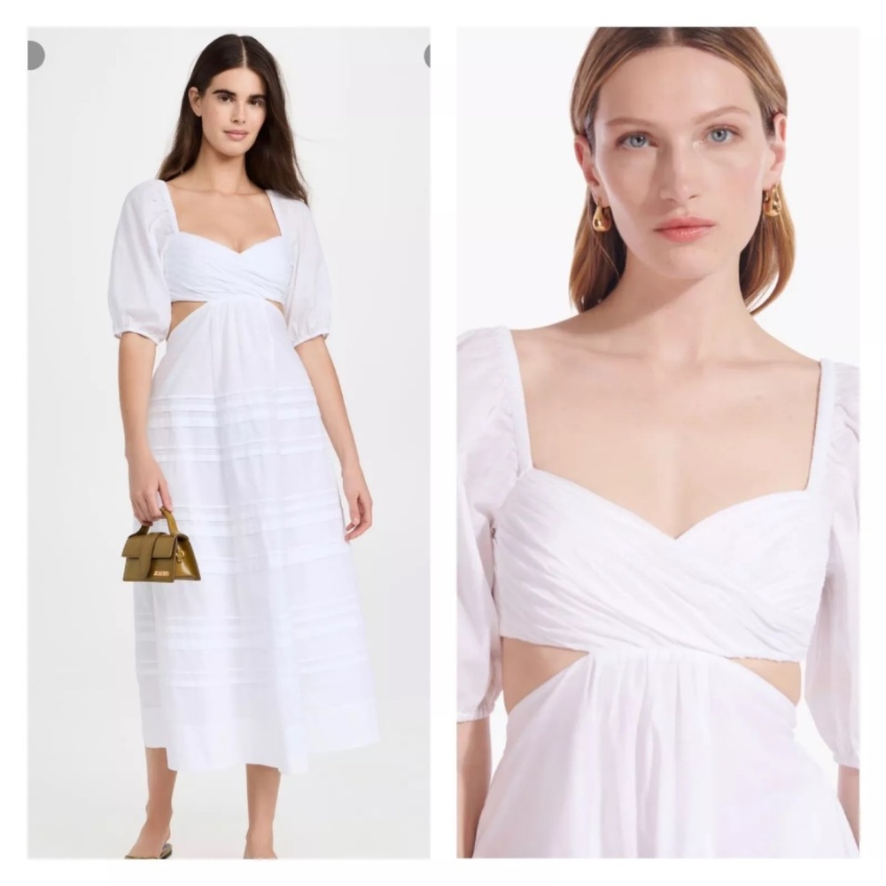 New Staud Carina White Poplin Cutout Puff sleeve Midi Dress Size M - Picture 3 of 9